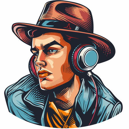 Portrait of a man in a hat with headphones. Vector illustration.のイラスト素材