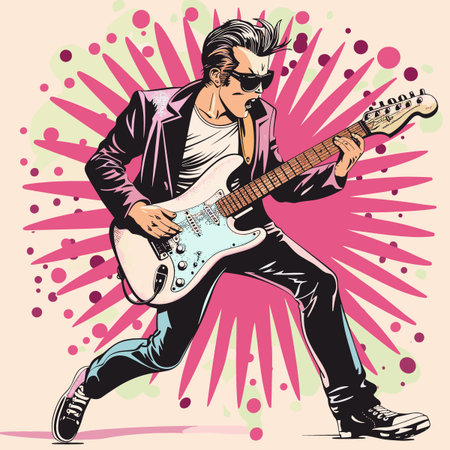 Guitar player. Hand drawn vector illustration in retro style.のイラスト素材