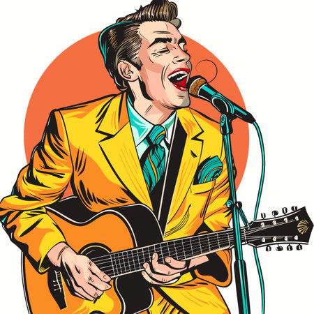 Retro style vector illustration of a man playing the guitar and singing.のイラスト素材