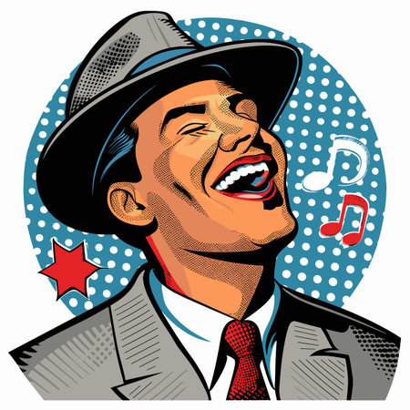 Pop art retro style illustration of a man in a hat with a microphone.のイラスト素材