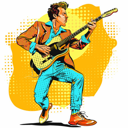 Rock guitarist. Pop art retro comic book style vector illustration. Musician playing guitar.のイラスト素材