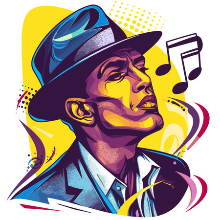 Man in hat with musical notes. Pop art style. Vector illustration.のイラスト素材