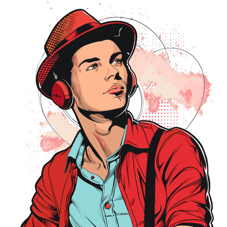 Hipster man in a hat with headphones. Vector illustration.のイラスト素材