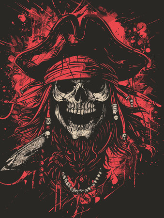 Vector illustration of a pirate skull in a hat on a grunge background.のイラスト素材