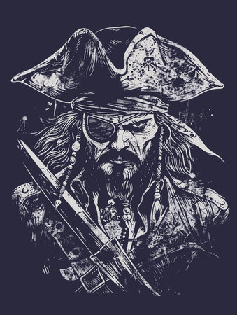 pirate with a gun in his hand, vector illustration on black backgroundのイラスト素材