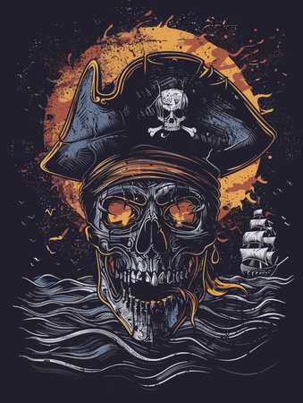 Pirate skull with pirate hat, vector illustration on black background.のイラスト素材
