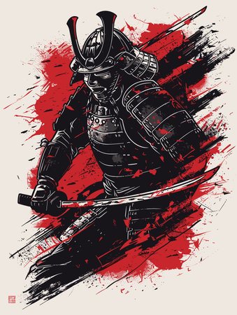 Samurai in helmet and armor. Grunge vector illustration.のイラスト素材