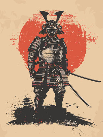 Samurai with sword. Hand drawn vector illustration in vintage style.のイラスト素材