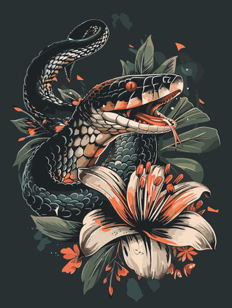 Hand drawn snake and flowers. Vector illustration. T-shirt design.のイラスト素材