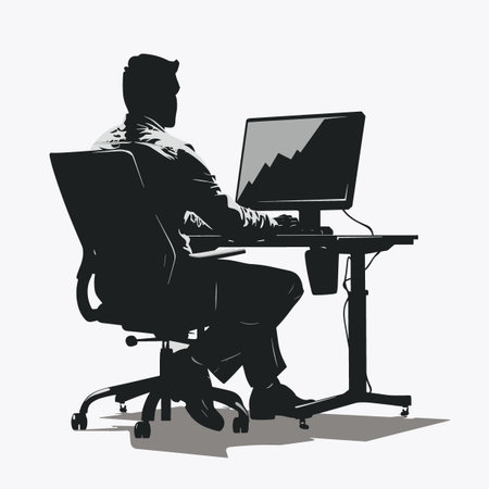 Silhouette of a man working at the computer. Vector illustrationのイラスト素材