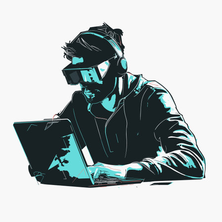 Vector illustration of a hacker wearing a mask and using a laptop.