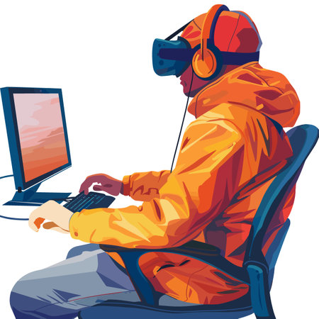 Illustration of a man in a hazmat suit working on a computerのイラスト素材