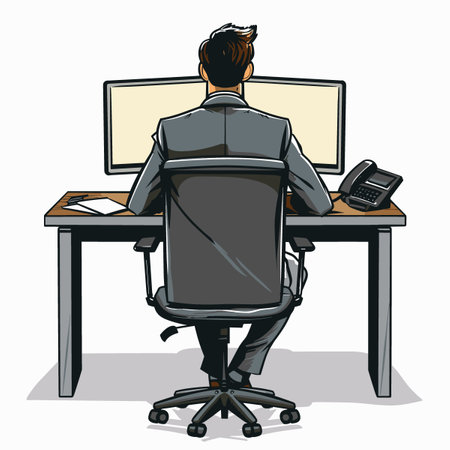 Businessman sitting at the desk and working with computer. Vector illustration.のイラスト素材