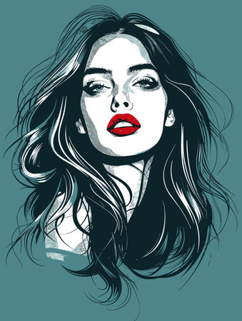 Portrait of beautiful woman with long hair and red lips. Vector illustration.のイラスト素材