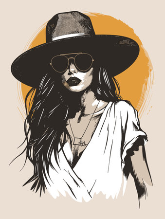 Stylish girl in hat and sunglasses. Fashion illustration. Vector.のイラスト素材