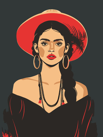 Vector illustration of a beautiful girl in a red hat and black dressのイラスト素材