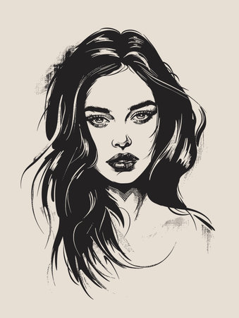 Portrait of beautiful woman with long hair. Vector hand drawn illustration.のイラスト素材