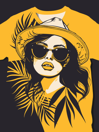 Beautiful young woman in hat and sunglasses. Vector hand drawn illustration.のイラスト素材