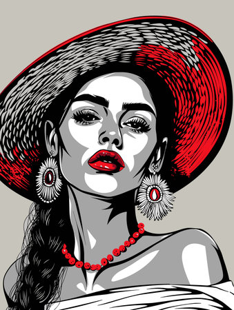 Portrait of beautiful woman in sombrero. Vector illustration.のイラスト素材