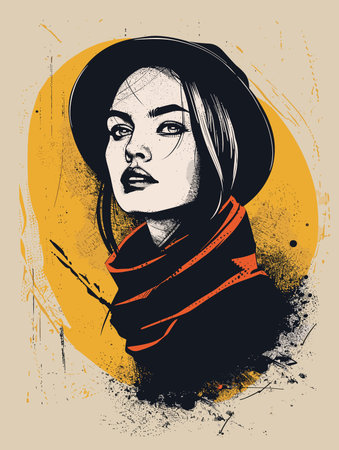 Portrait of beautiful woman in hat and scarf. Vector illustration.のイラスト素材
