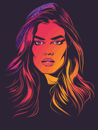Beautiful girl face with long hair. Vector illustration on dark background.のイラスト素材
