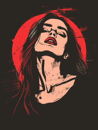 Vector illustration of a beautiful woman with red sun on the background.のイラスト素材