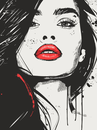 Beautiful woman with red lips. Fashion illustration in sketch style.のイラスト素材
