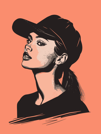 Beautiful young woman in a hat. Vector illustration on an orange background.