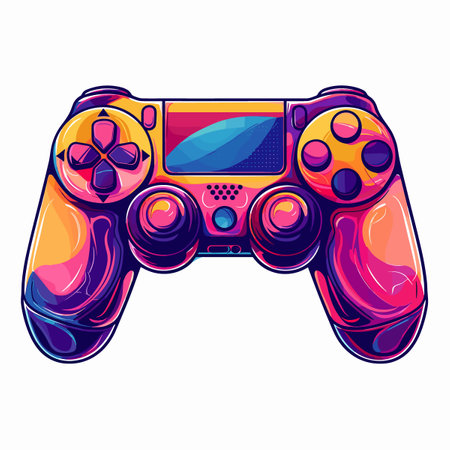 A colorful game controller with a blue and red background. The controller is designed to look like a piece of art, with a focus on the buttons and the overall designのイラスト素材