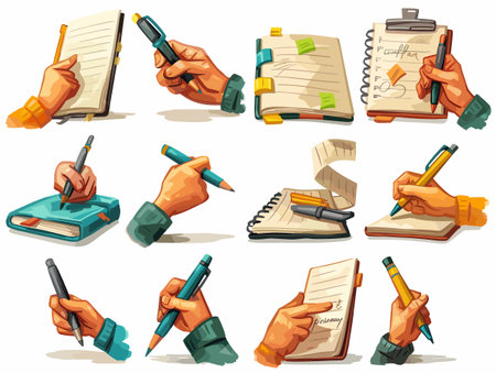 A set of images of people writing in notebooks. The images show different styles of writing, including cursive, print, and calligraphy. The mood of the images is creative and artisticのイラスト素材