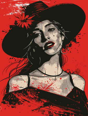 Beautiful girl in a hat. Grunge vector illustration.のイラスト素材