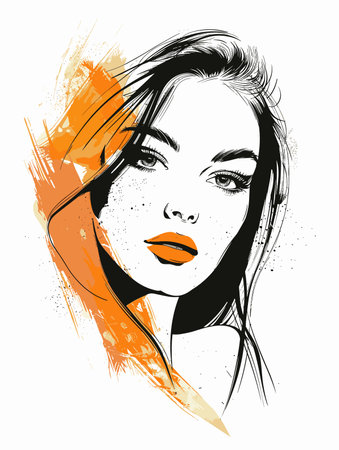 Beautiful woman face. Hand drawn vector illustration. Fashion girl.のイラスト素材