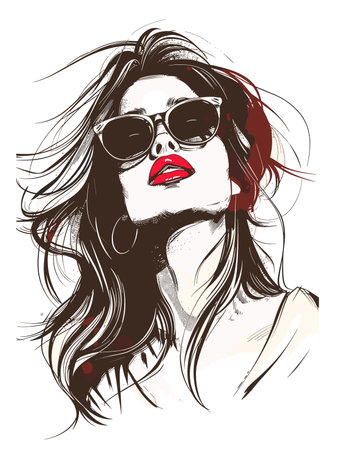 Beautiful woman in sunglasses. Hand drawn vector illustration. Fashion sketch.のイラスト素材