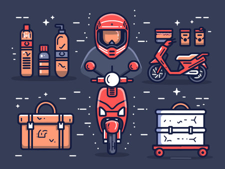 the concept of working as a courier. A man is riding a motorcycle with a helmet on. The motorcycle is red and is parked next to a suitcase. There are several bottles and cups in the background, and a cupcake is visibleのイラスト素材