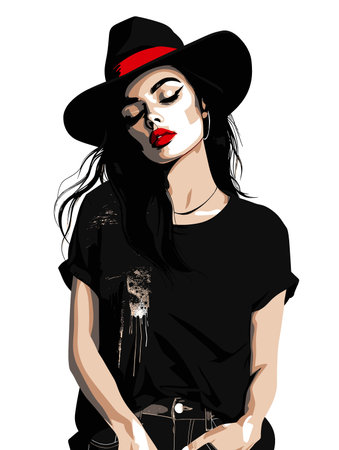 Beautiful girl in a hat and a black shirt. Vector illustrationのイラスト素材