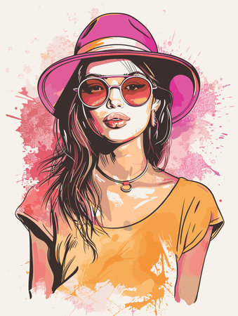 Beautiful young woman in hat and sunglasses. Fashion girl in sketch style. Vector illustration.のイラスト素材
