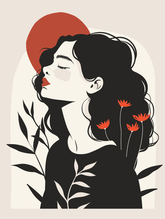 A woman with red flowers in her hair. The woman is looking at the cameraのイラスト素材