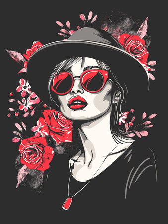 Fashion girl in hat and sunglasses with flowers. Vector illustration.のイラスト素材