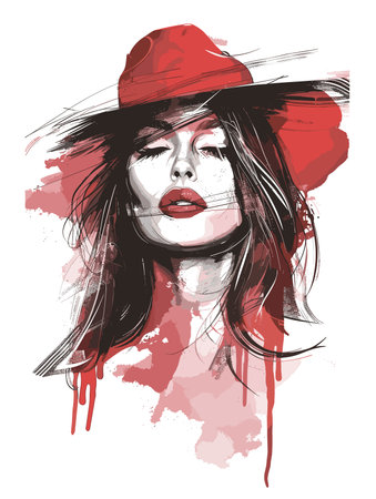 Portrait of a beautiful woman in red hat. Vector illustration.のイラスト素材