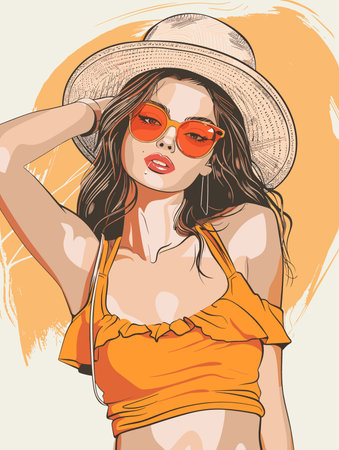 Beautiful girl in a hat and sunglasses on the beach. Vector illustration.のイラスト素材