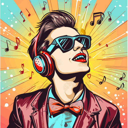 Vector illustration of young man listening to music with headphones and dancing.のイラスト素材