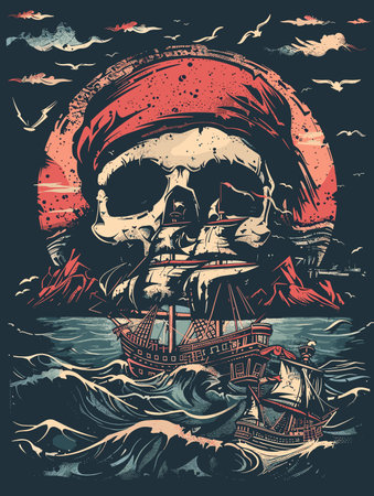 Skull and ship on the waves. Vector illustration for t-shirt print.のイラスト素材