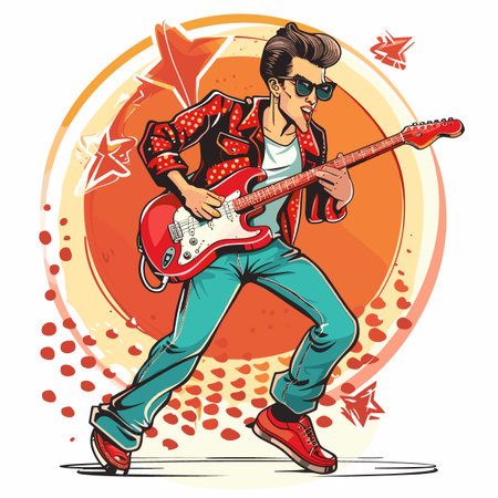 Vector illustration of a young man playing electric guitar. Cartoon style.のイラスト素材