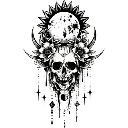 abstract vector illustration of skull flowers and sunのイラスト素材