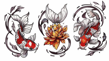 Koi fish and lotus flower. Set of vector illustrations.のイラスト素材