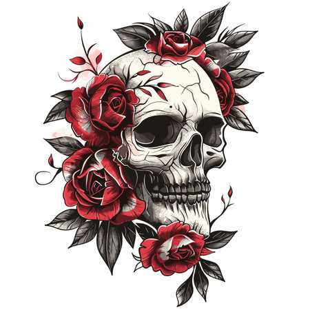 Skull with roses and leaves. Tattoo art. Vector illustration.のイラスト素材