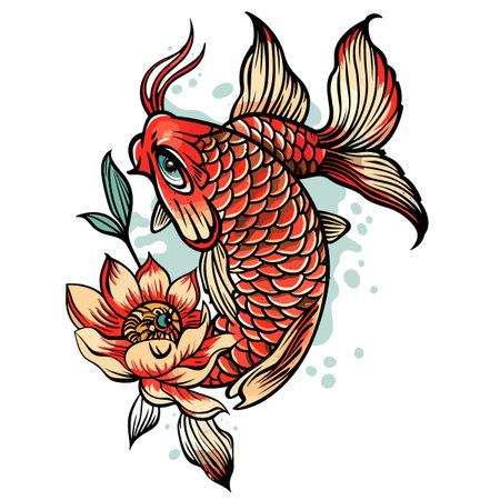 Koi fish with lotus flower. Vector illustration. Tattoo.のイラスト素材