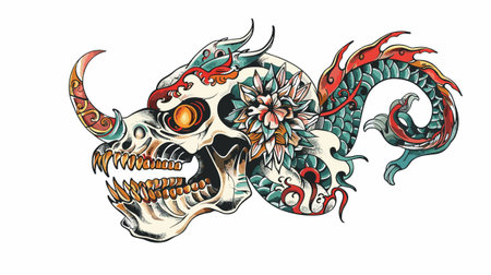 Tattoo art skull and dragon. Hand drawn vector illustration.のイラスト素材