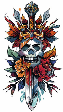 Skull with a dagger and flowers. Tattoo design. Vector illustrationのイラスト素材