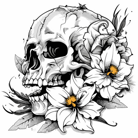 Skull with flowers. Tattoo art design. Vector illustration.のイラスト素材